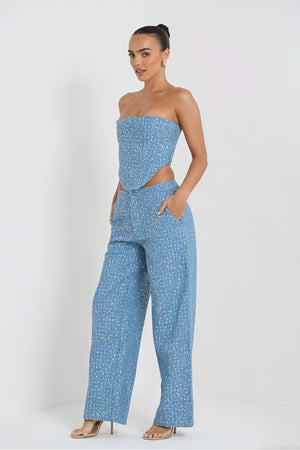 Women's Sequin Two-Piece Suit – Strapless Cutout Top, High-Waisted Wide-Leg Trousers, Black/Blue-80950-ce1ec680-90d6-42bc-98b8-542a5eb04e4c
