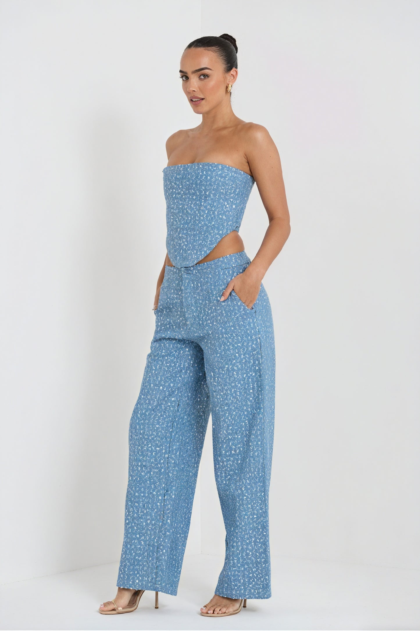 Women's Sequin Two-Piece Suit – Strapless Cutout Top, High-Waisted Wide-Leg Trousers, Black/Blue-80950-ce1ec680-90d6-42bc-98b8-542a5eb04e4c
