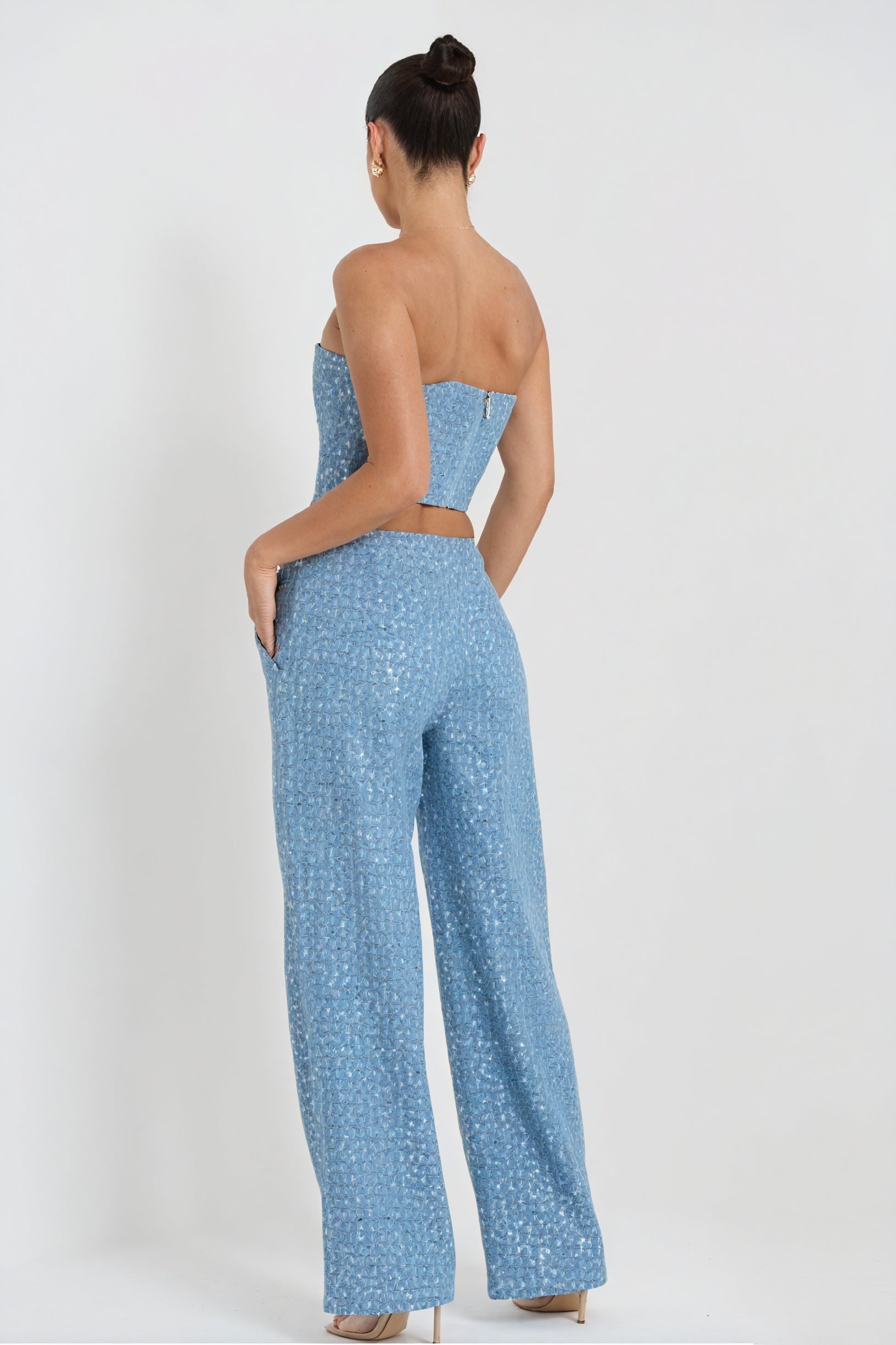 Women's Sequin Two-Piece Suit – Strapless Cutout Top, High-Waisted Wide-Leg Trousers, Black/Blue-80950-63b55527-afd9-4a09-80ac-fb7fadb23c1d