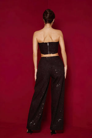 Women's Sequin Two-Piece Suit – Strapless Cutout Top, High-Waisted Wide-Leg Trousers, Black/Blue-80950-cb4dd919-398c-4ba2-b570-db84f799ce6b