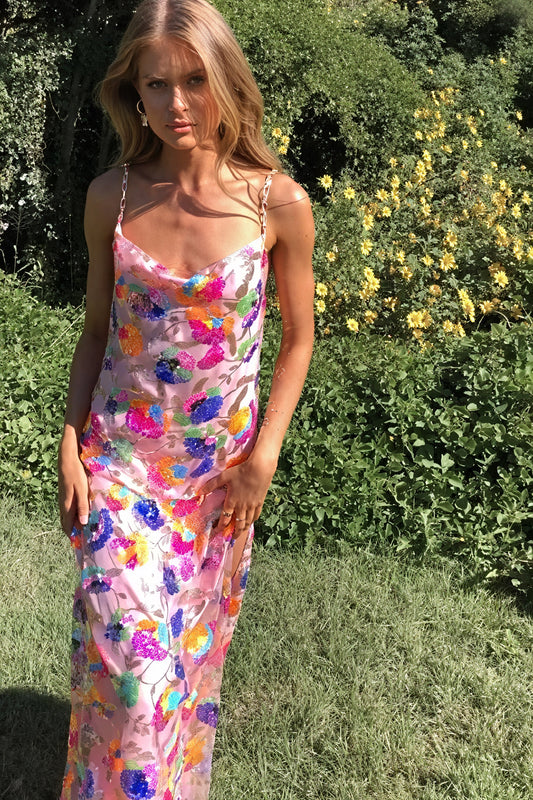 Women's Maxi Dress – White Pink Floral Print, Low Back, Chain Straps, Silk Blend-80956-04a104a8-ea27-40bf-9289-fd1db760fcc7
