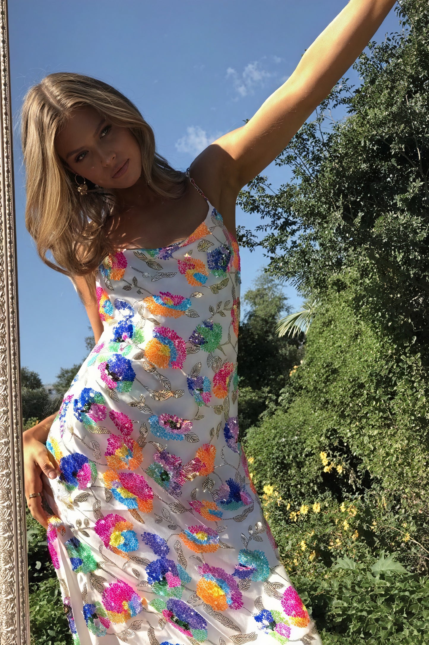 Women's Maxi Dress – White Pink Floral Print, Low Back, Chain Straps, Silk Blend-80956-0749da4f-13a9-4b06-ad2d-872bcbaaa87e