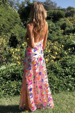 Women's Maxi Dress – White Pink Floral Print, Low Back, Chain Straps, Silk Blend-80956-1e67d33f-64b5-4a3f-bbd8-183cacfdc423