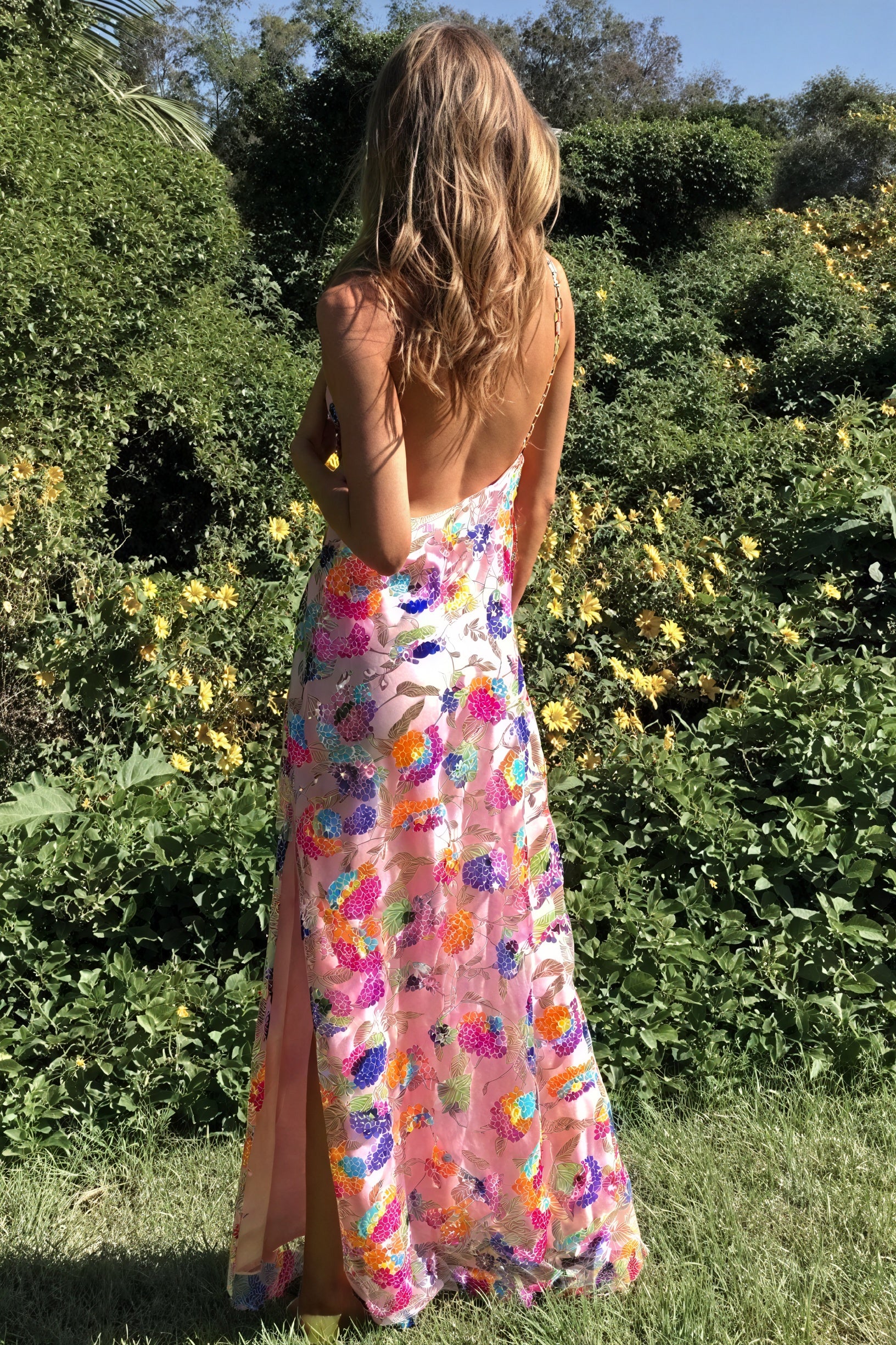 Women's Maxi Dress – White Pink Floral Print, Low Back, Chain Straps, Silk Blend-80956-1e67d33f-64b5-4a3f-bbd8-183cacfdc423