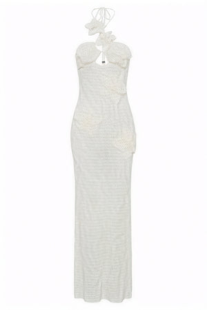 Women's Floor-Length Halter Dress – White Crochet Floral Appliqué-80963-b4faf6ad-da6d-4e11-ad57-bfcd53eb0fee