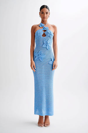 Women's Floor-Length Halter Dress – White Crochet Floral Appliqué-80963-98e0bd0d-8568-4707-b540-a082a3d28aad