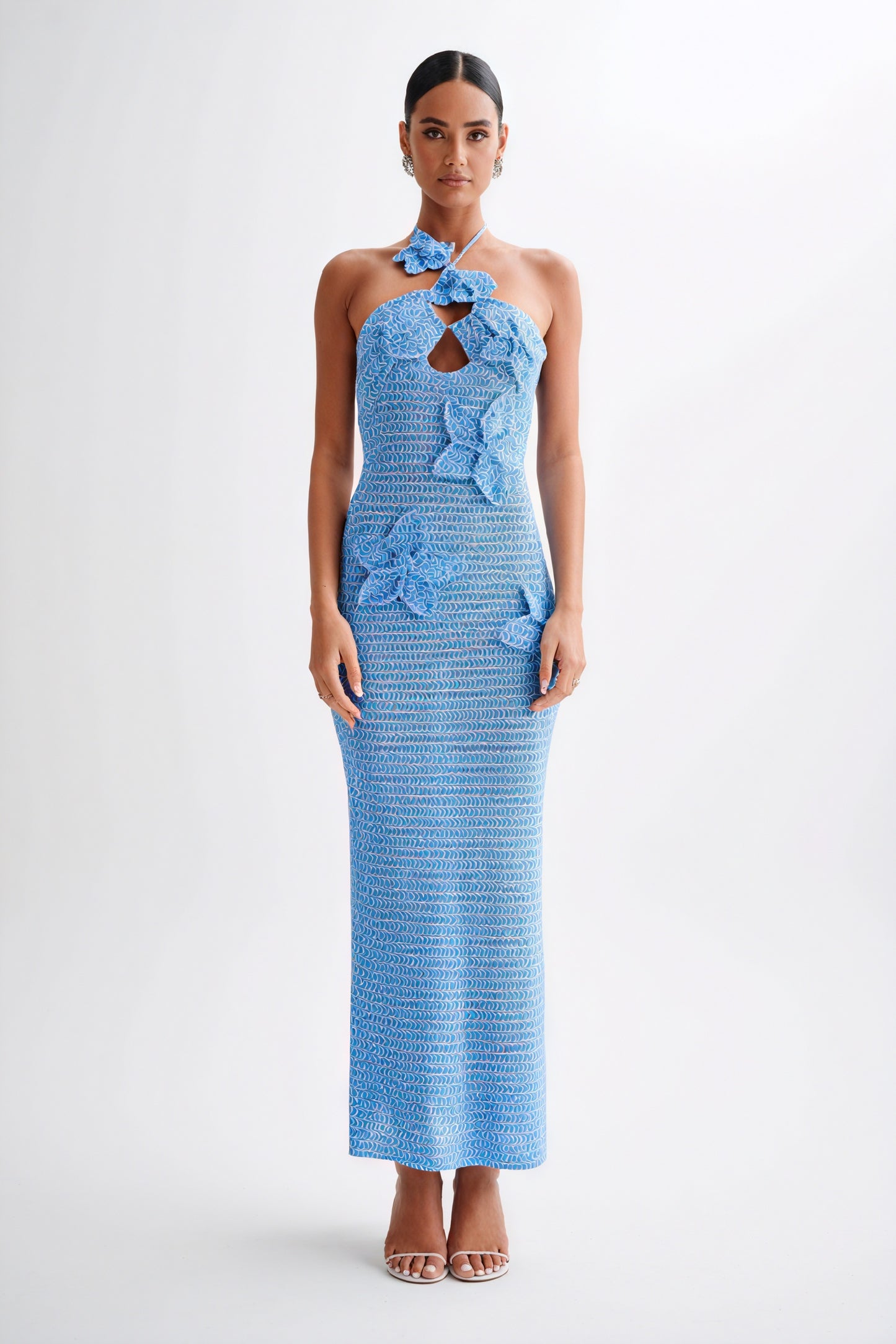 Women's Floor-Length Halter Dress – White Crochet Floral Appliqué-80963-98e0bd0d-8568-4707-b540-a082a3d28aad
