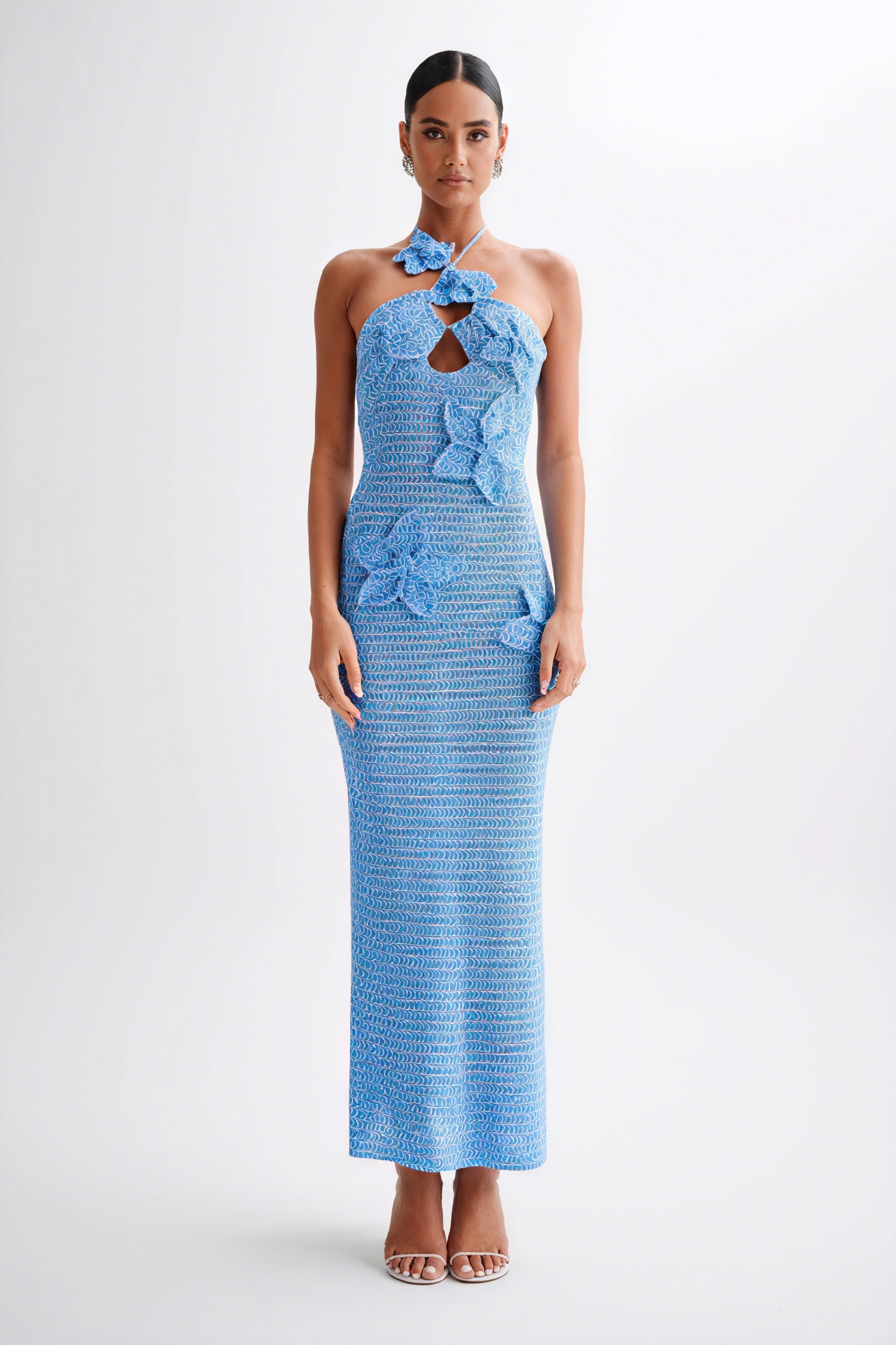 Women's Floor-Length Halter Dress – White Crochet Floral Appliqué-80963-98e0bd0d-8568-4707-b540-a082a3d28aad
