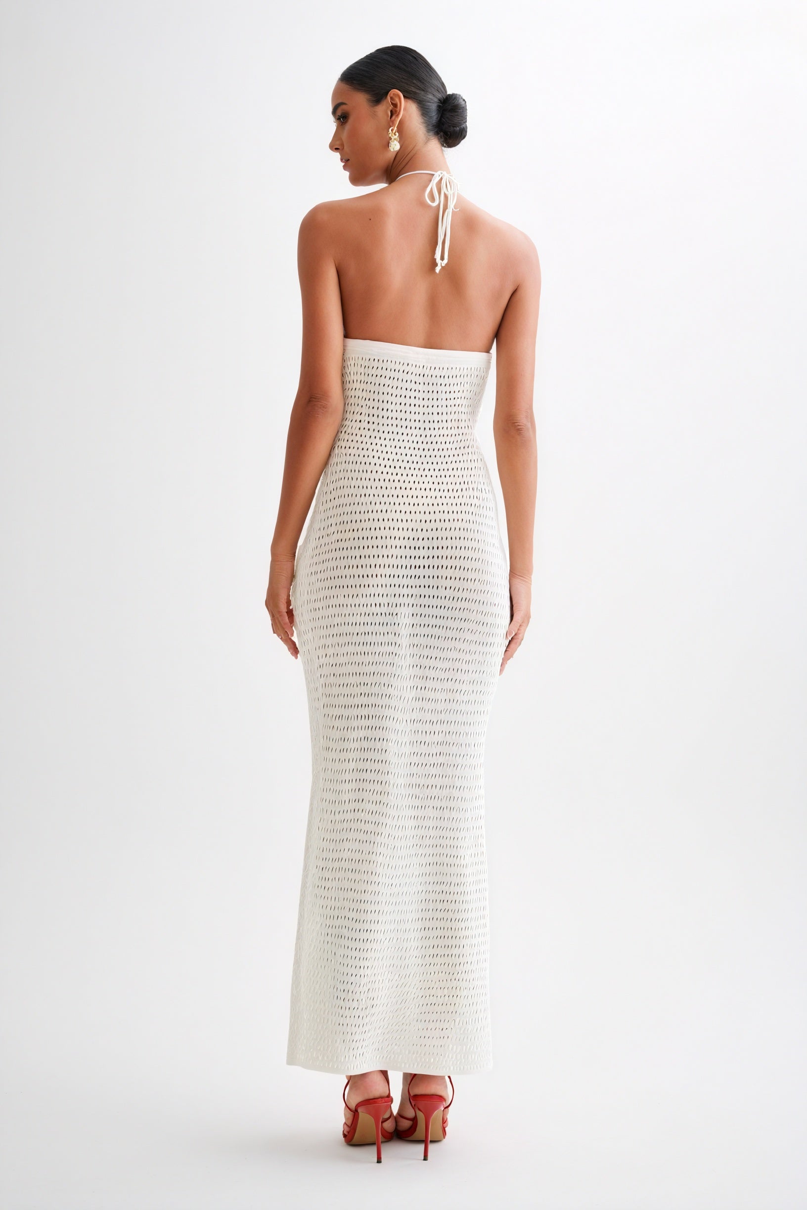 Women's Floor-Length Halter Dress – White Crochet Floral Appliqué-80963-09714a01-5b16-4575-90d1-e311034c55f5