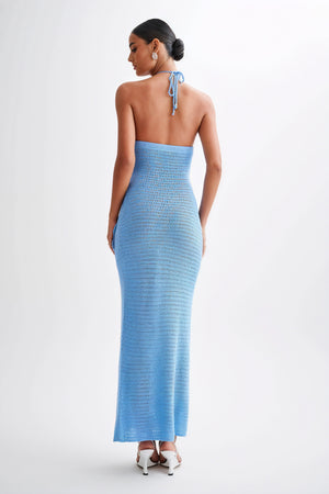 Women's Floor-Length Halter Dress – White Crochet Floral Appliqué-80963-55c34a3a-ef50-4a8d-87e6-bd161013cba7