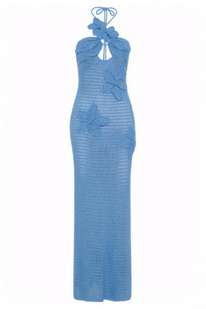 Women's Floor-Length Halter Dress – White Crochet Floral Appliqué-80963-b8955f5f-2cd5-4c71-b59f-d20c0c962826