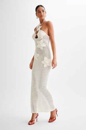 Women's Floor-Length Halter Dress – White Crochet Floral Appliqué-80963-0da5e635-4028-4fe8-8cc6-c965179a53e4