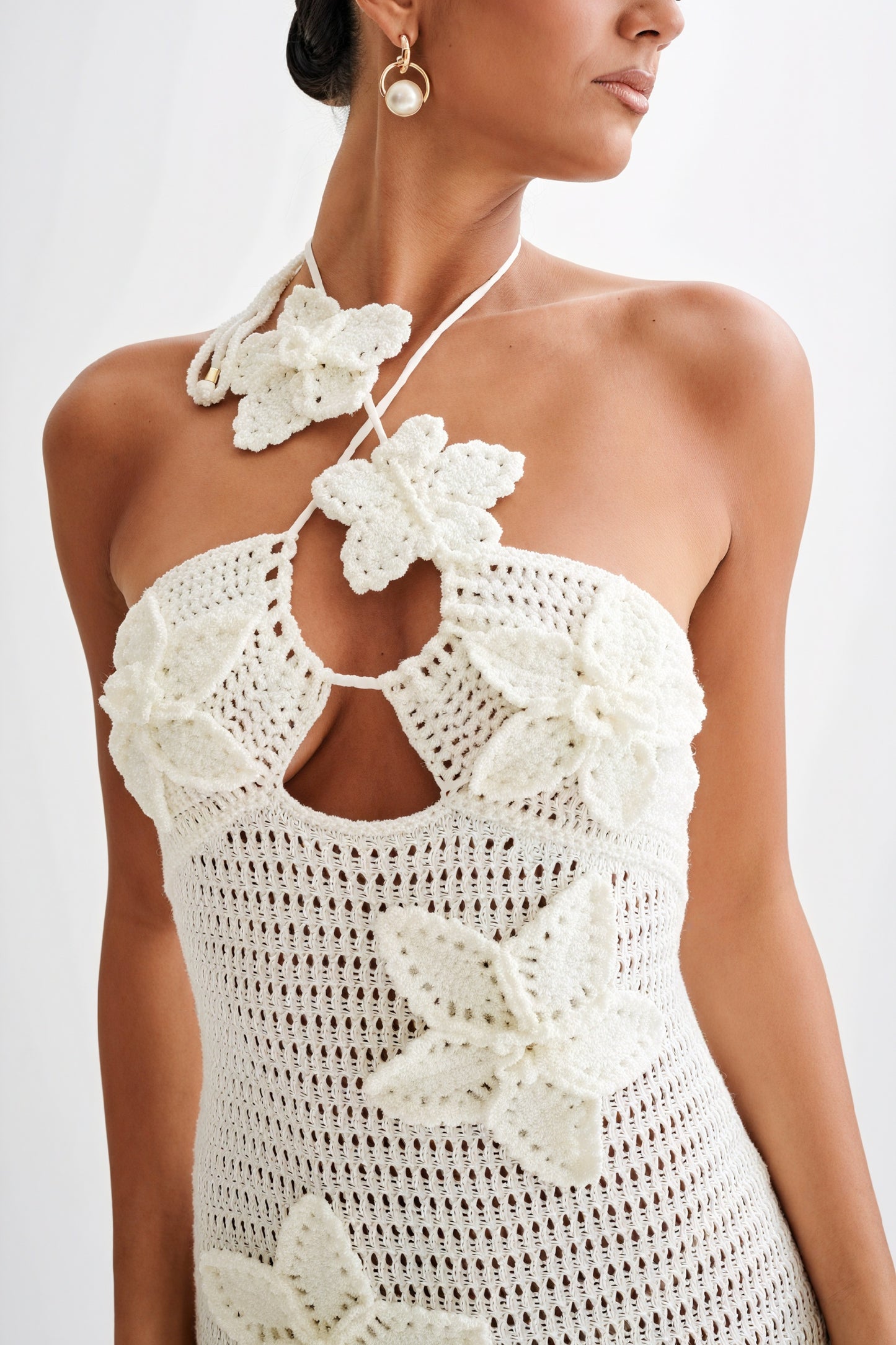 Women's Floor-Length Halter Dress – White Crochet Floral Appliqué-80963-8cb8b5c6-0a67-4f02-80fa-ddcccc71a561