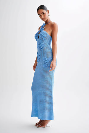 Women's Floor-Length Halter Dress – White Crochet Floral Appliqué-80963-3026d47b-9685-487f-b7d5-b101adeb847d