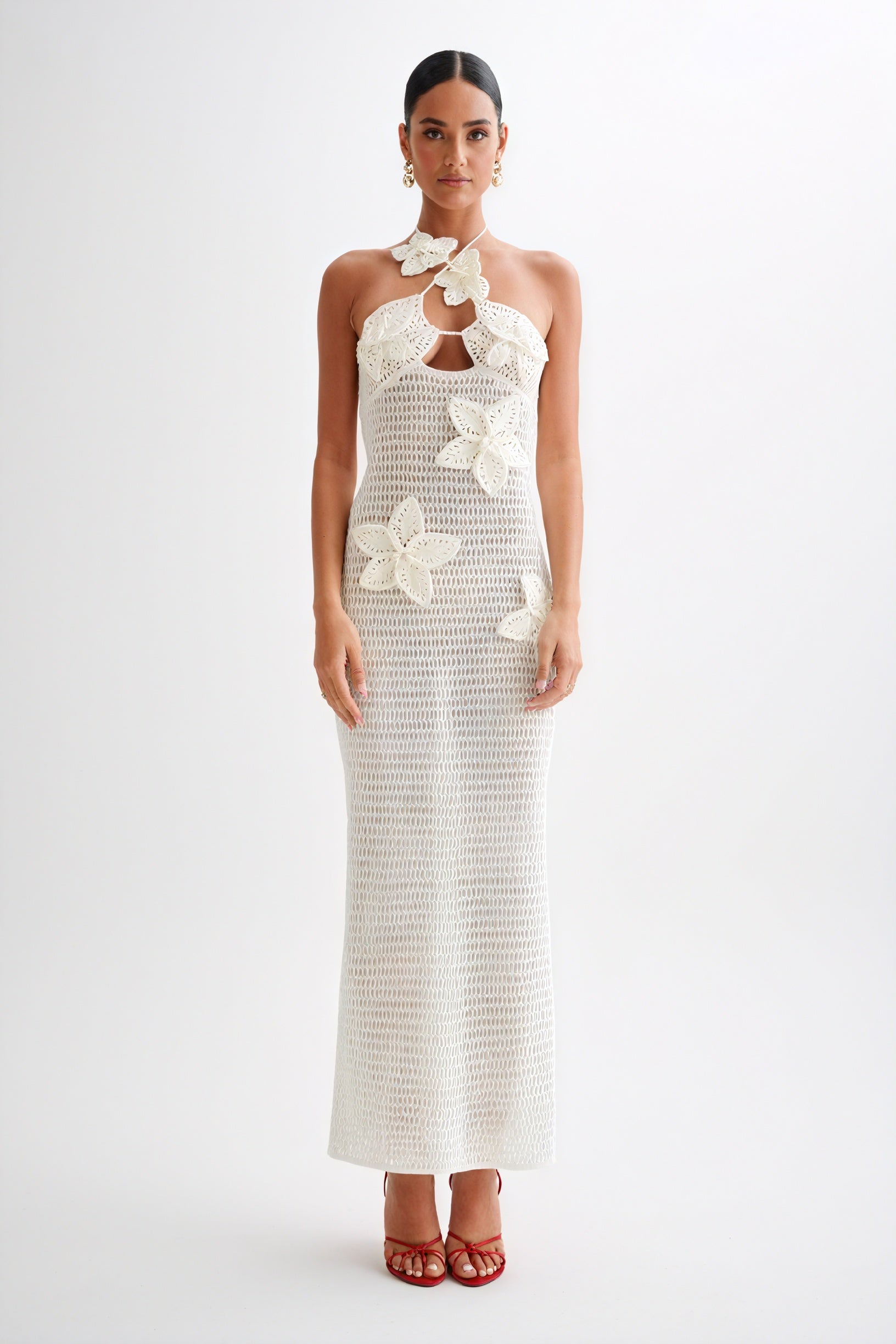 Women's Floor-Length Halter Dress – White Crochet Floral Appliqué-80963-dbc90bb8-e499-4bca-81e8-ccd979018135