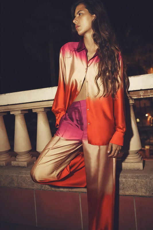 Women's Satin Ombre Wide-Leg Suit Red Orange Gradient Collared Button-Down-80965-4632ebad-c960-4915-b9e7-dbee2e7bcac8