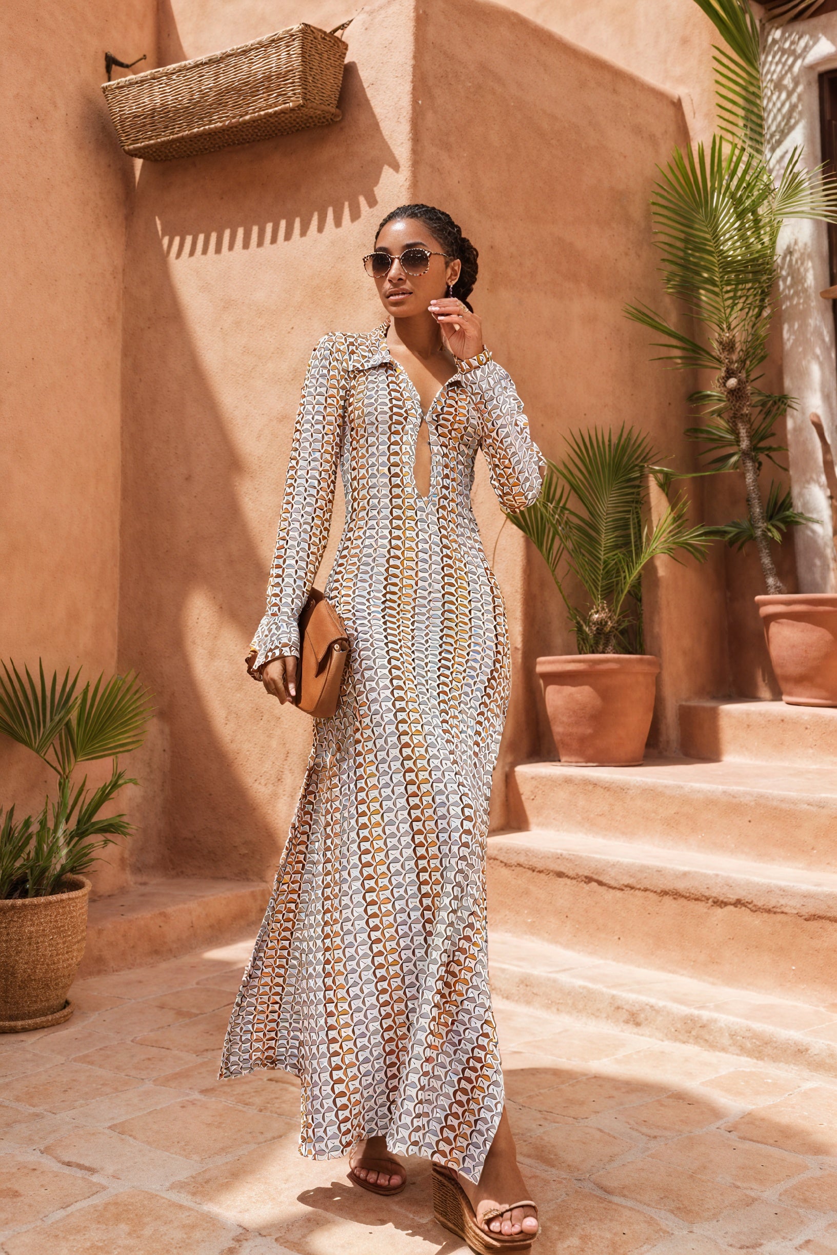 Women's Maxi Dress – White Geometric, Collared V-Neck, Long Sleeve-80985-20d2b904-435a-46ef-83b6-f8dd74145711