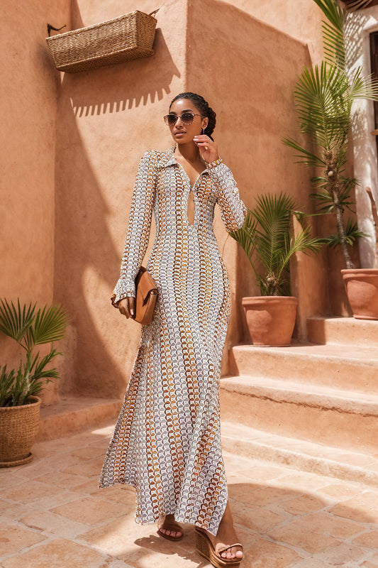 Women's Maxi Dress – White Geometric, Collared V-Neck, Long Sleeve-80985-20d2b904-435a-46ef-83b6-f8dd74145711