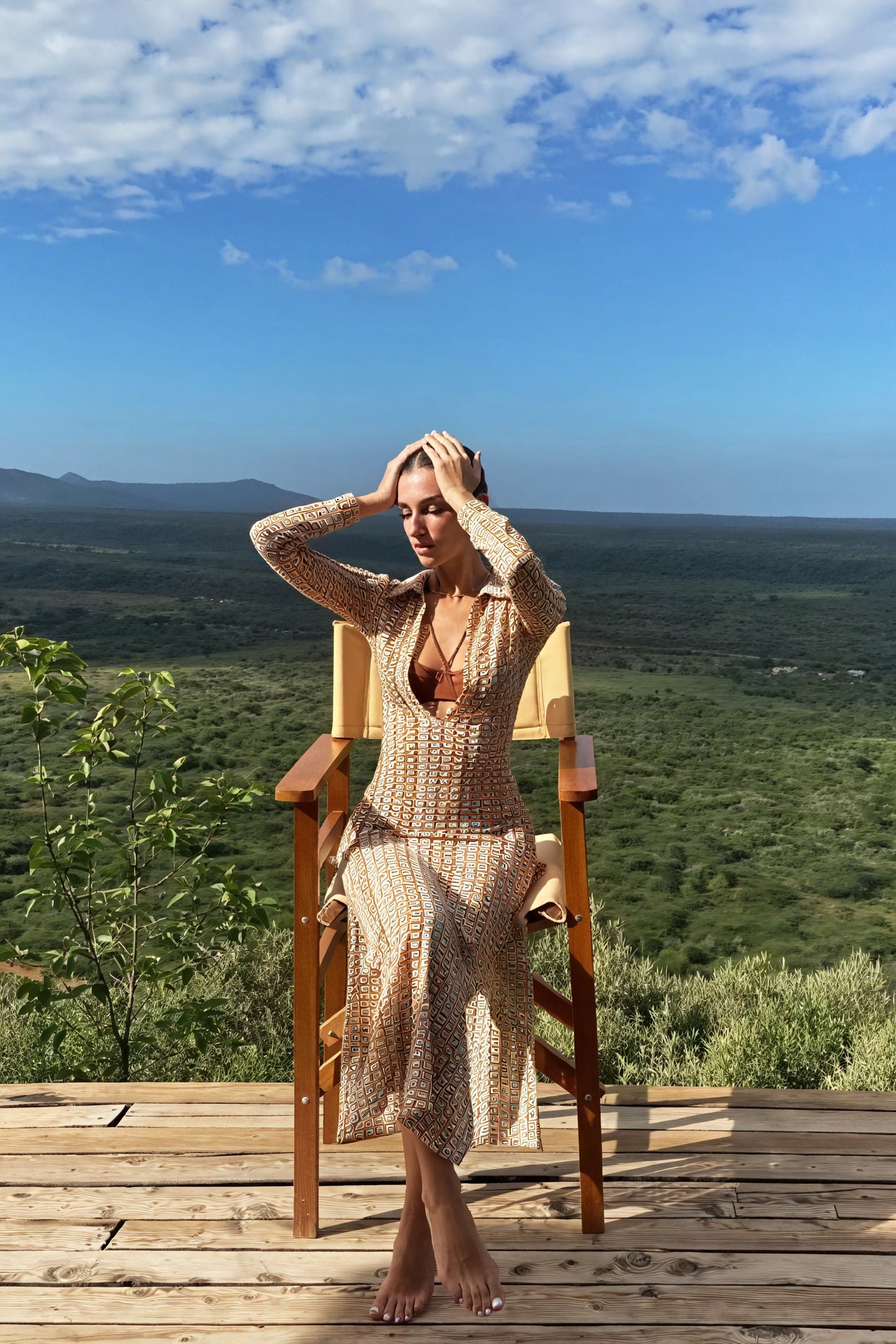 Women's Maxi Dress – White Geometric, Collared V-Neck, Long Sleeve-80985-4a2d77ed-705c-448c-aba2-6303dbdb23ae