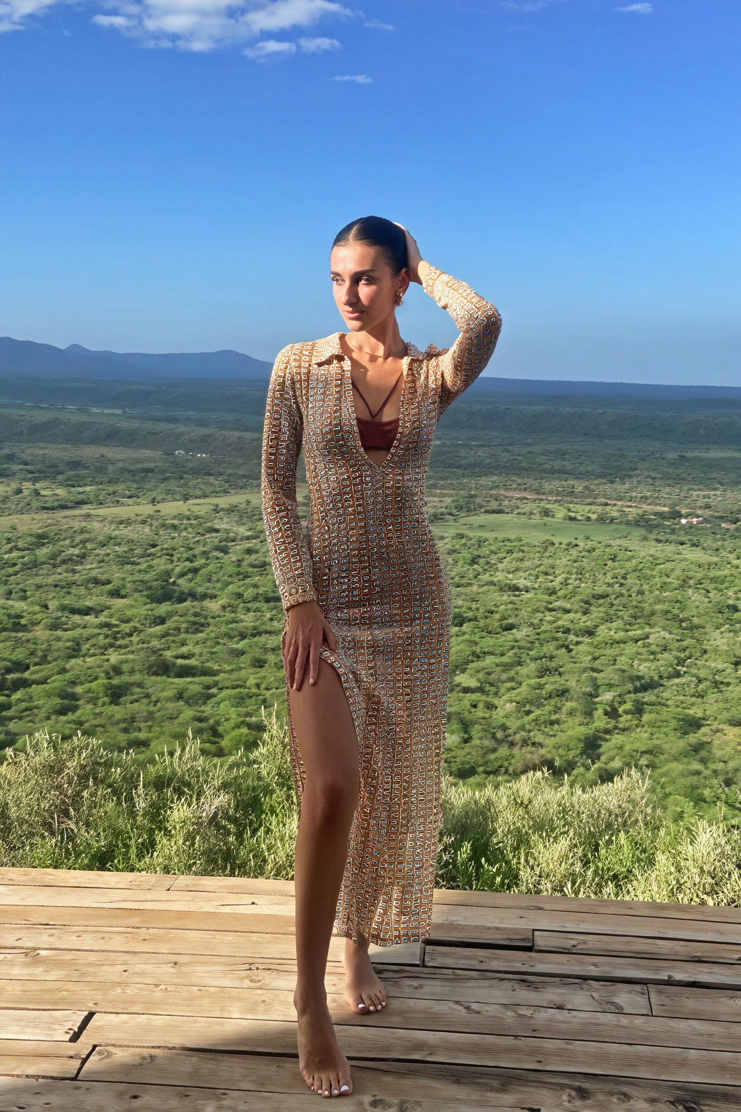 Women's Maxi Dress – White Geometric, Collared V-Neck, Long Sleeve-80985-48c9926a-4258-43a8-a540-96f73f71da13