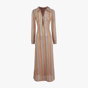 Women's Maxi Dress – White Geometric, Collared V-Neck, Long Sleeve-80985-b8a8c375-d281-4695-9359-fe3bf6f42a33