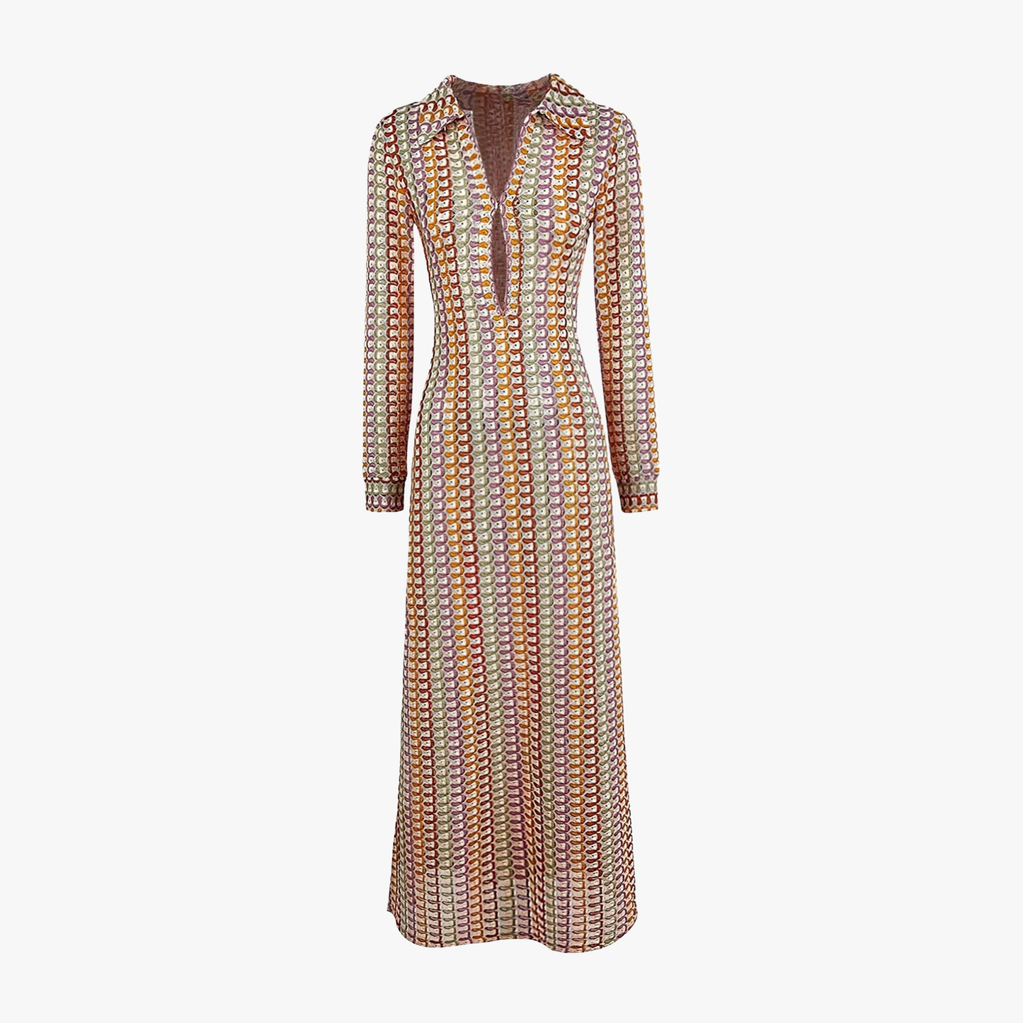 Women's Maxi Dress – White Geometric, Collared V-Neck, Long Sleeve-80985-b8a8c375-d281-4695-9359-fe3bf6f42a33