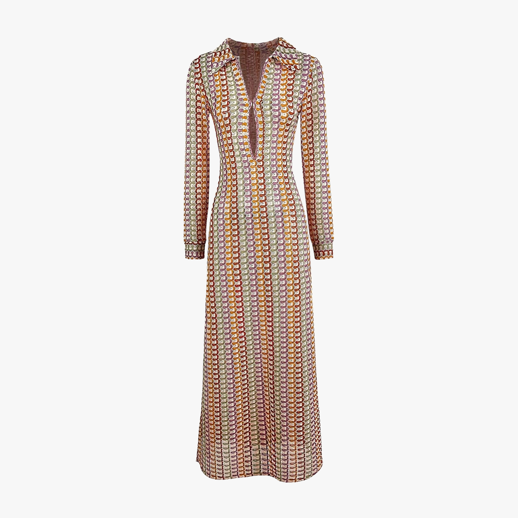 Women's Maxi Dress – White Geometric, Collared V-Neck, Long Sleeve-80985-b8a8c375-d281-4695-9359-fe3bf6f42a33