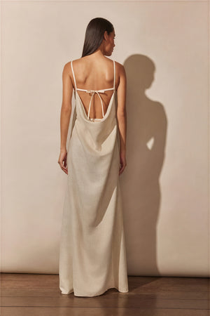 Women's Maxi Dress – Off-White Linen Blend, Floral Bust, Keyhole, High Slit-81009-3b06cbf8-8754-489b-9596-336ce0518017