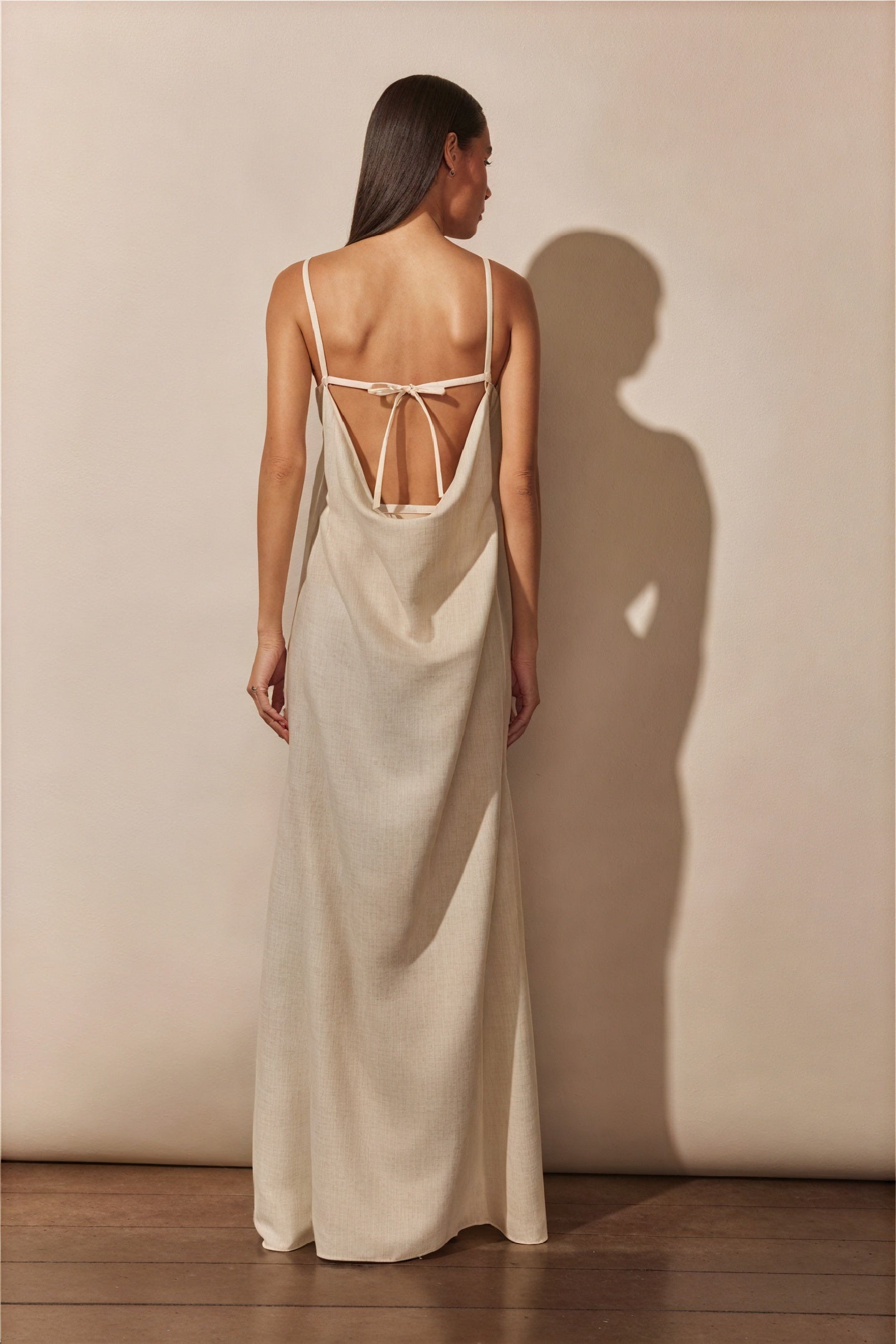 Women's Maxi Dress – Off-White Linen Blend, Floral Bust, Keyhole, High Slit-81009-3b06cbf8-8754-489b-9596-336ce0518017