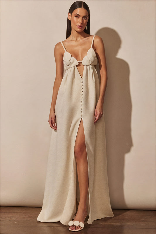 Women's Maxi Dress – Off-White Linen Blend, Floral Bust, Keyhole, High Slit-81009-de5cbf90-57d0-4710-9c99-86987e951e3d