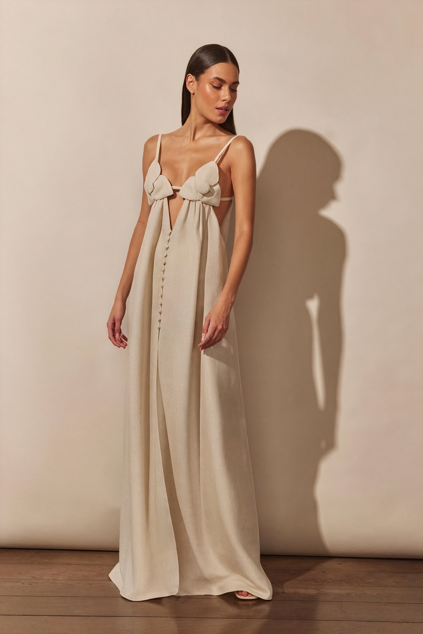 Women's Maxi Dress – Off-White Linen Blend, Floral Bust, Keyhole, High Slit-81009-79453040-a5de-49ad-abb8-7f9752d67d97