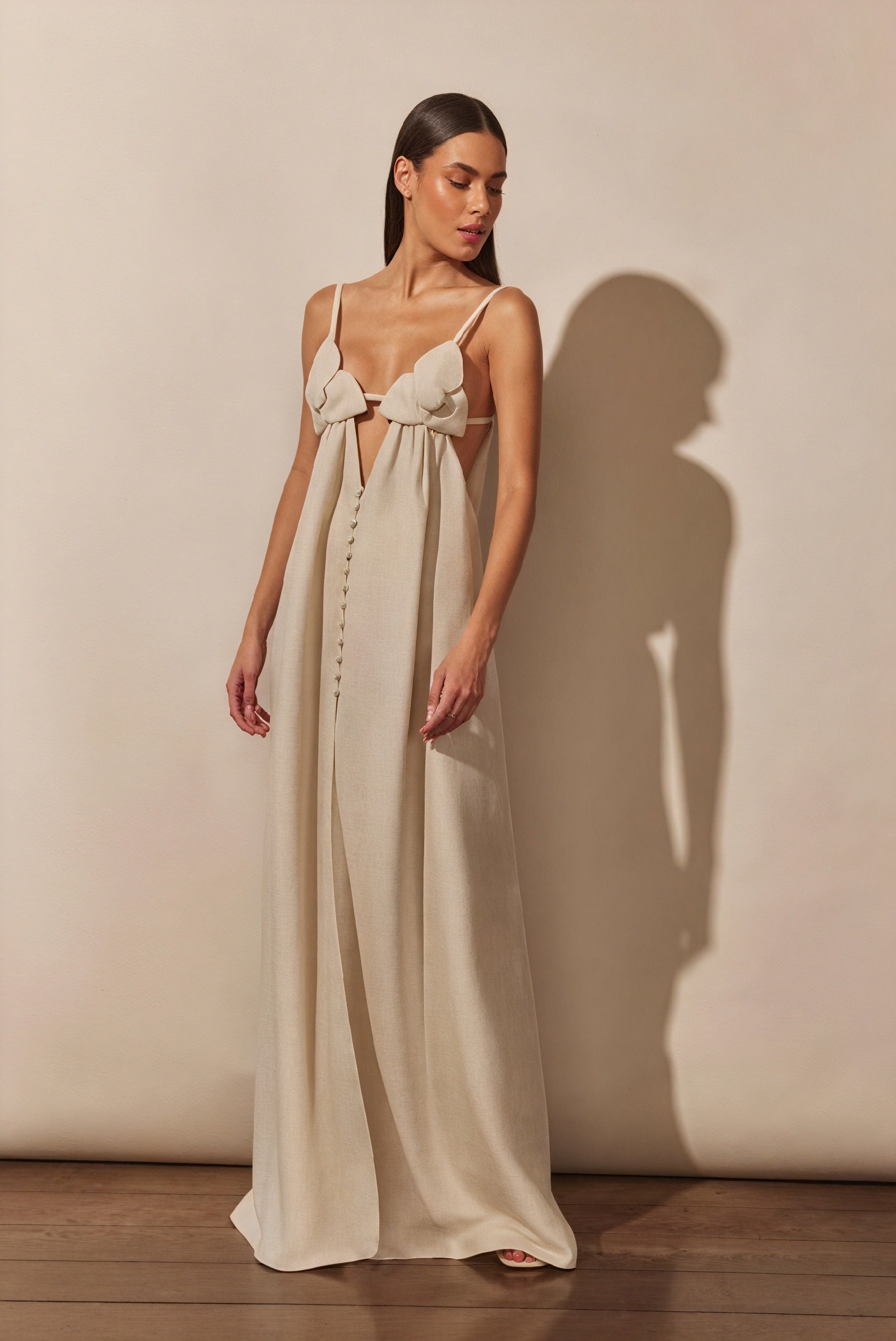 Women's Maxi Dress – Off-White Linen Blend, Floral Bust, Keyhole, High Slit-81009-79453040-a5de-49ad-abb8-7f9752d67d97
