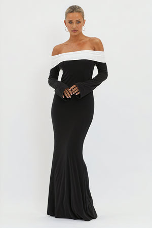 Women's Black & White Off-Shoulder Color-Block Floor-Length Evening Gown with Flared Sleeves-81010-ea362126-1036-4cac-906f-0383dc7459fc