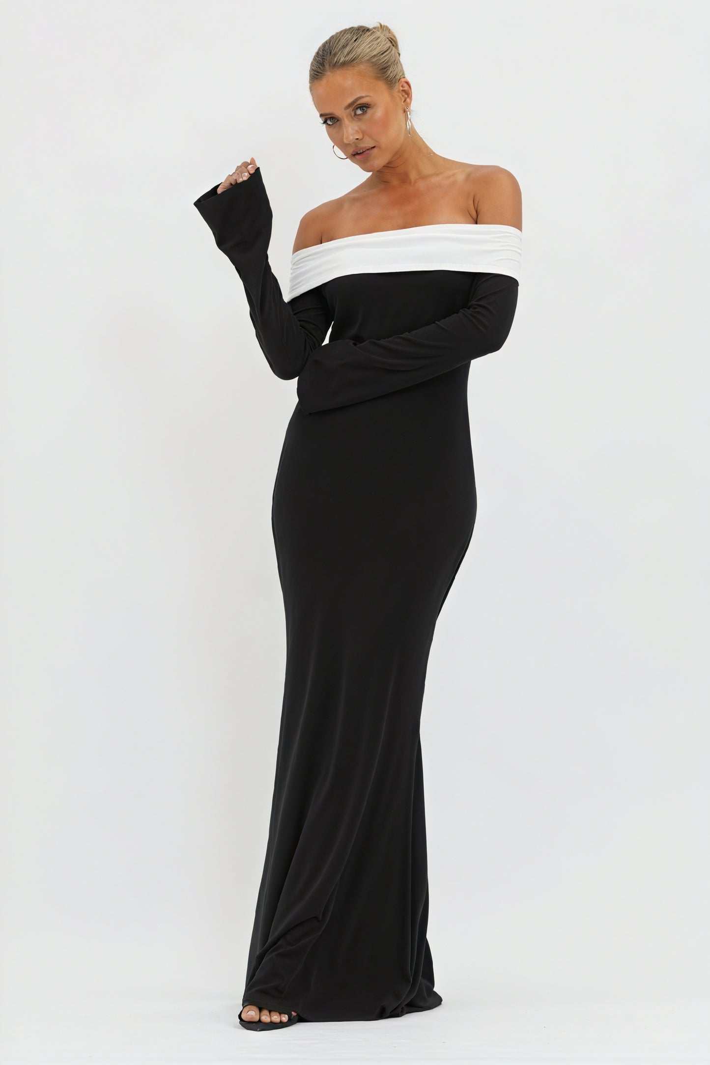 Women's Black & White Off-Shoulder Color-Block Floor-Length Evening Gown with Flared Sleeves-81010-ee806ef0-c3af-49ee-bf69-2c56cce2b40b