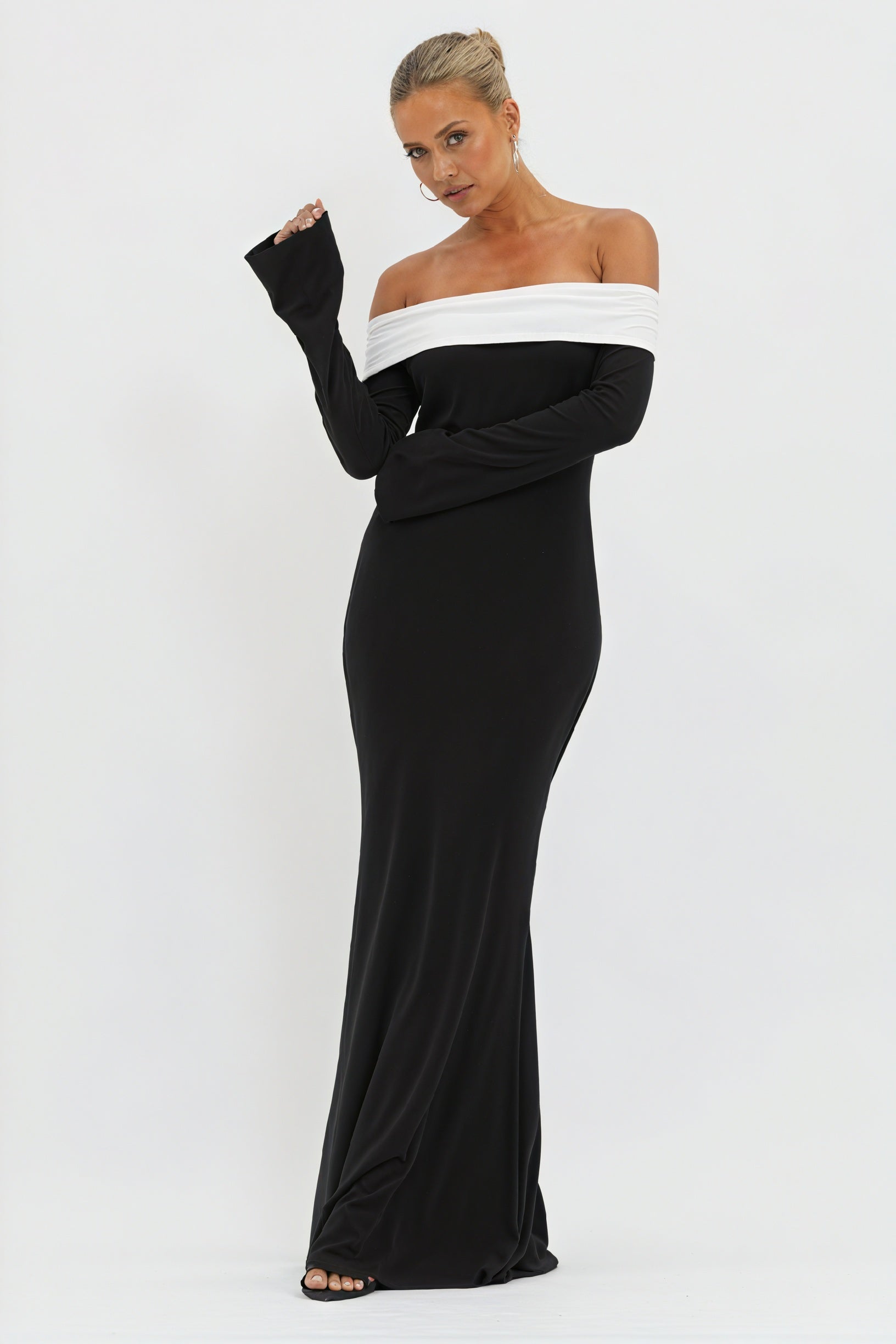 Women's Black & White Off-Shoulder Color-Block Floor-Length Evening Gown with Flared Sleeves-81010-ee806ef0-c3af-49ee-bf69-2c56cce2b40b