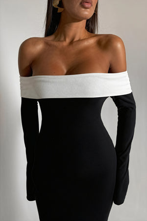 Women's Black & White Off-Shoulder Color-Block Floor-Length Evening Gown with Flared Sleeves-81010-07af79f3-5284-47ab-92bb-8845bb9010f2