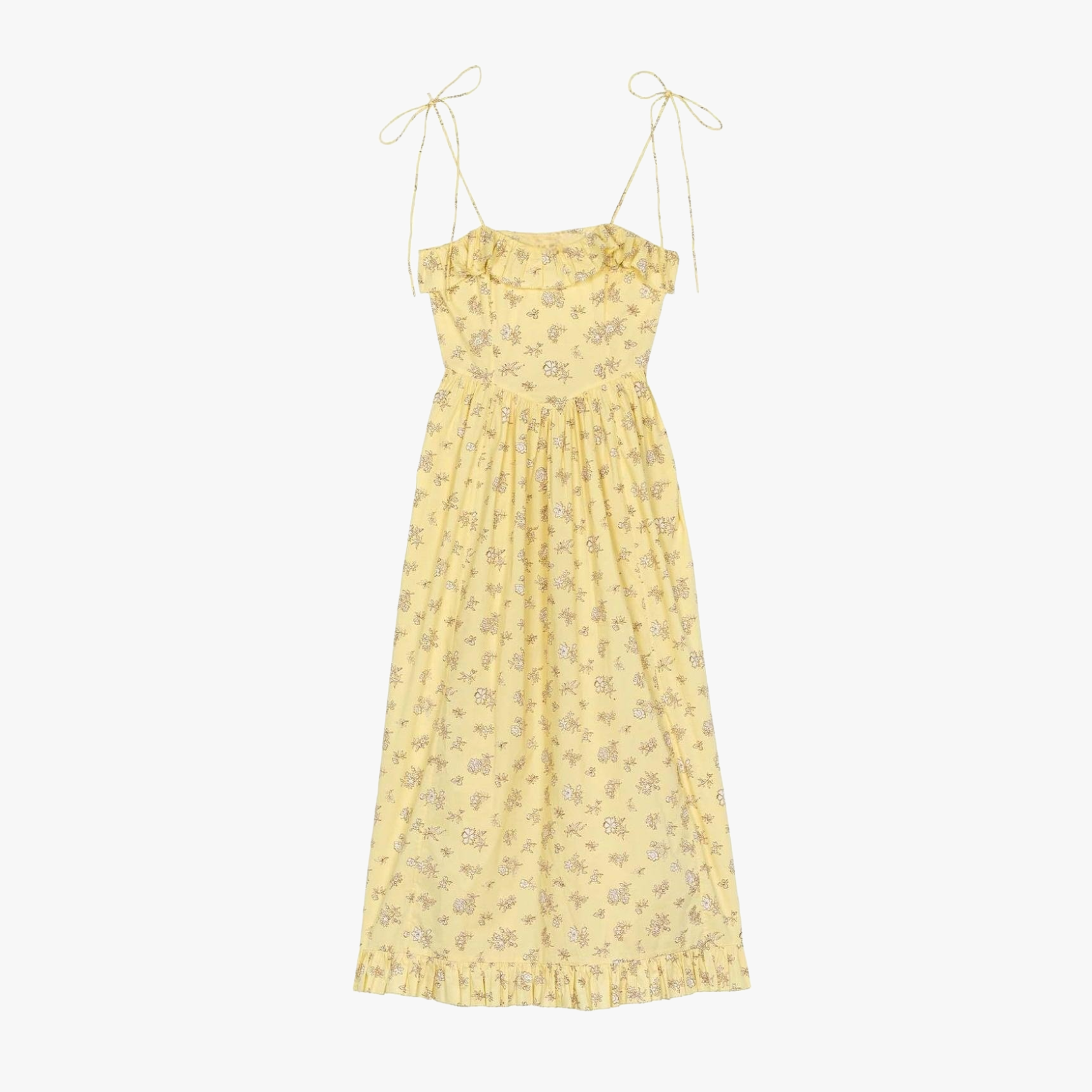 Women's Midi Dress – Yellow Floral Cotton Ruffled Bohemian with Spaghetti Straps-81012-bafc7aad-2e83-4ae0-bc8d-fcd07ab0e8a7