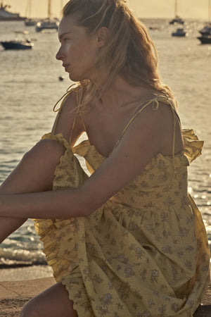 Women's Midi Dress – Yellow Floral Cotton Ruffled Bohemian with Spaghetti Straps-81012-34492c02-94fa-4be4-ba48-14b48fcedc43