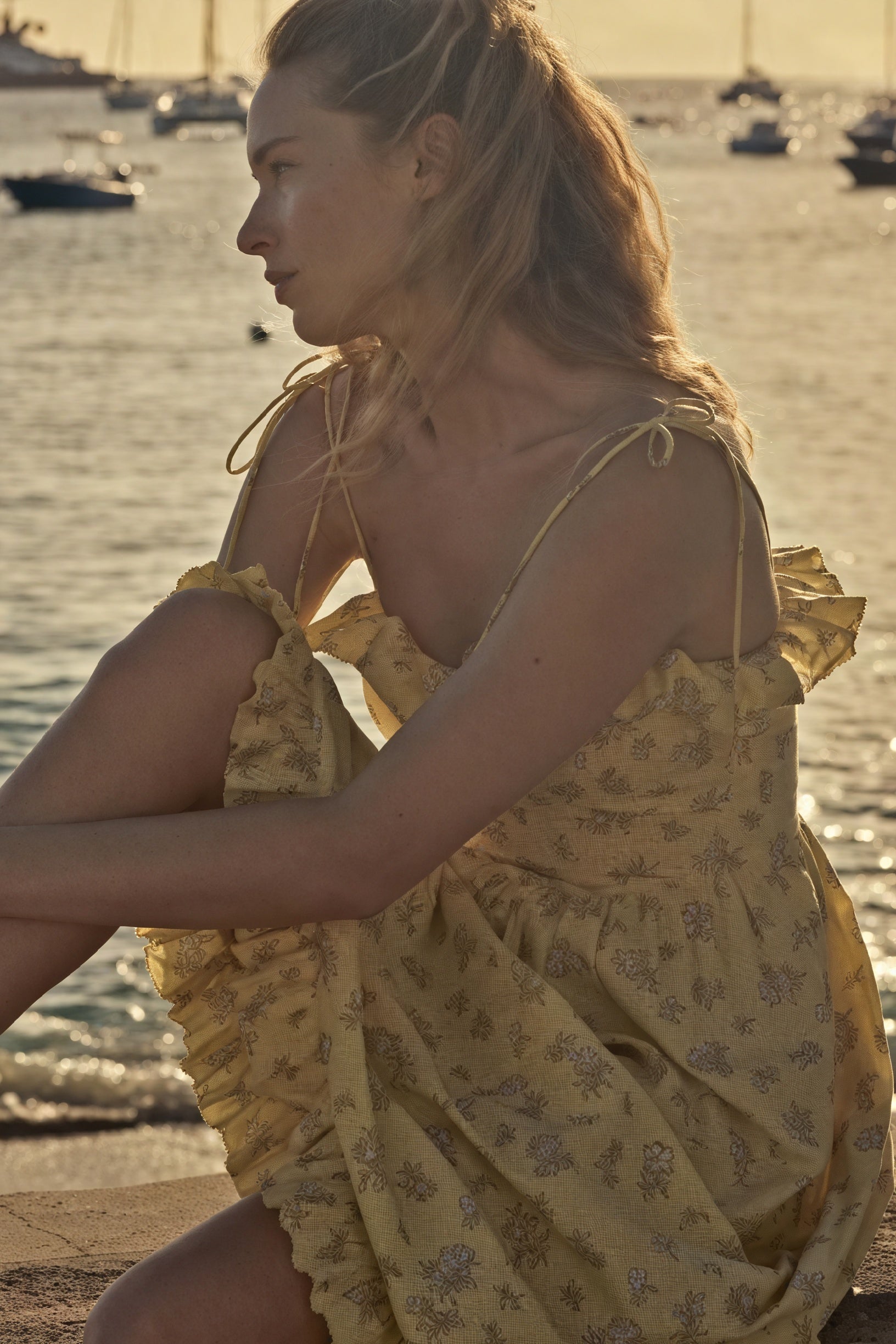 Women's Midi Dress – Yellow Floral Cotton Ruffled Bohemian with Spaghetti Straps-81012-34492c02-94fa-4be4-ba48-14b48fcedc43