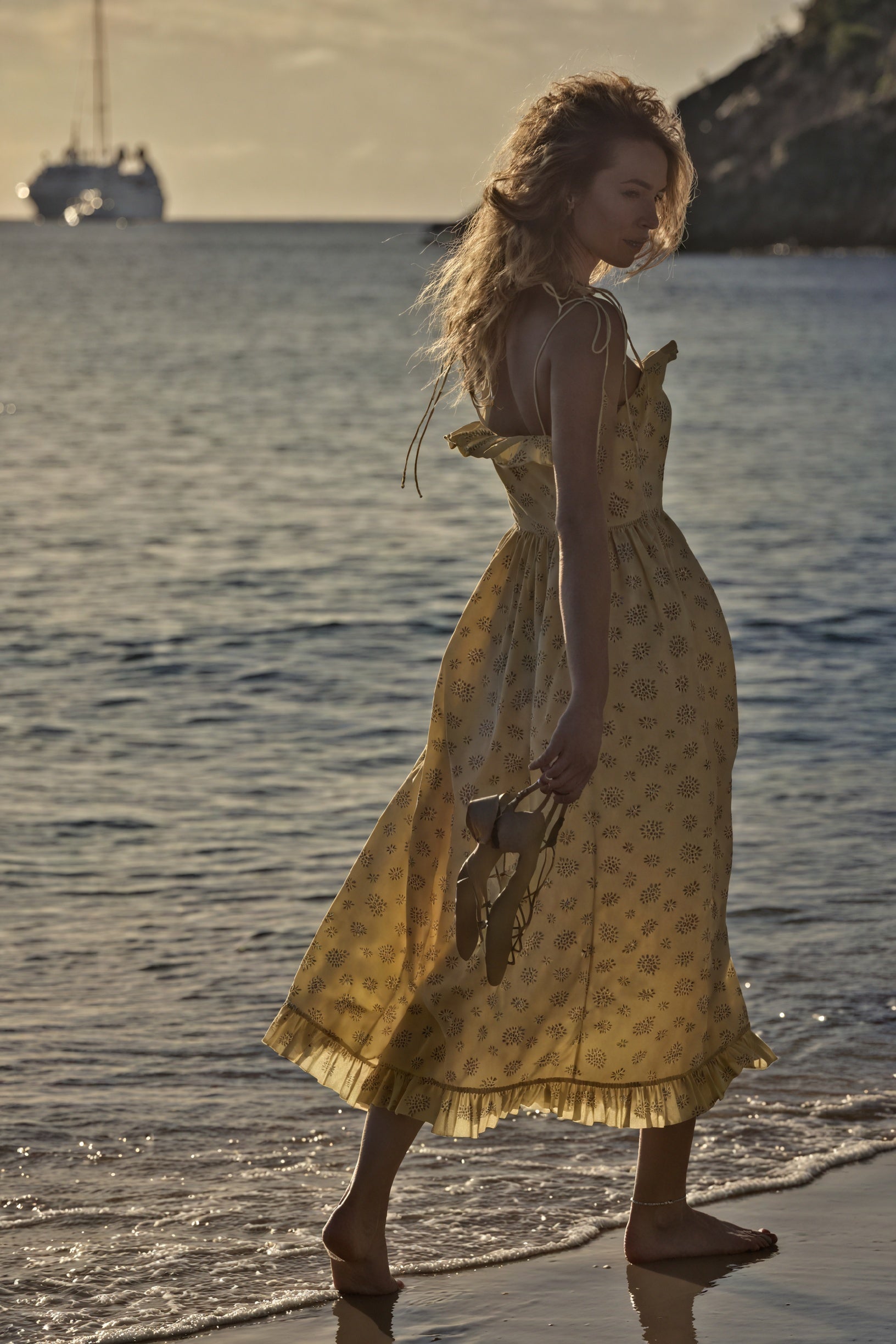 Women's Midi Dress – Yellow Floral Cotton Ruffled Bohemian with Spaghetti Straps-81012-0befb8f4-31a5-4f9f-8ea8-6a2e9288494e