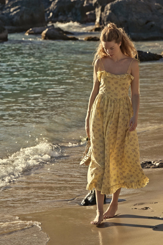 Women's Midi Dress – Yellow Floral Cotton Ruffled Bohemian with Spaghetti Straps-81012-a80d15ff-7a83-4ebf-aa53-4df08e7d0433
