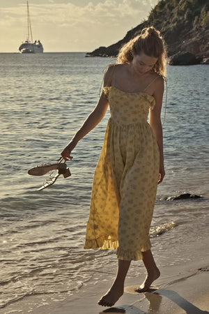 Women's Midi Dress – Yellow Floral Cotton Ruffled Bohemian with Spaghetti Straps-81012-6186026b-35ec-49b8-9a0d-c0f1030b4a64