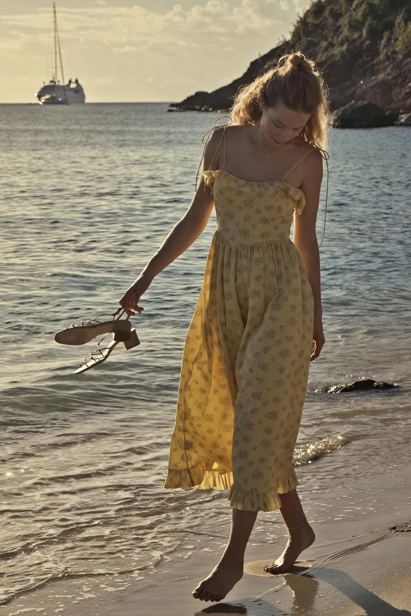 Women's Midi Dress – Yellow Floral Cotton Ruffled Bohemian with Spaghetti Straps-81012-6186026b-35ec-49b8-9a0d-c0f1030b4a64