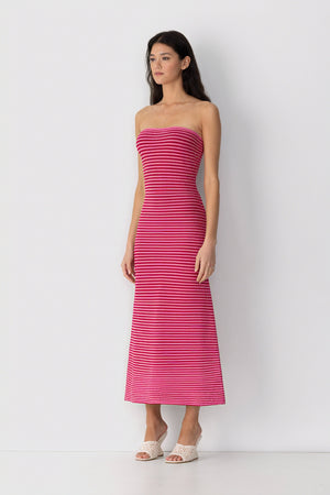 Women's Strapless Ribbed Knit Striped Midi Maxi Dress - Modern Minimalist Style-81016-11da92d5-7dc1-4006-903a-63d4c0aec55d