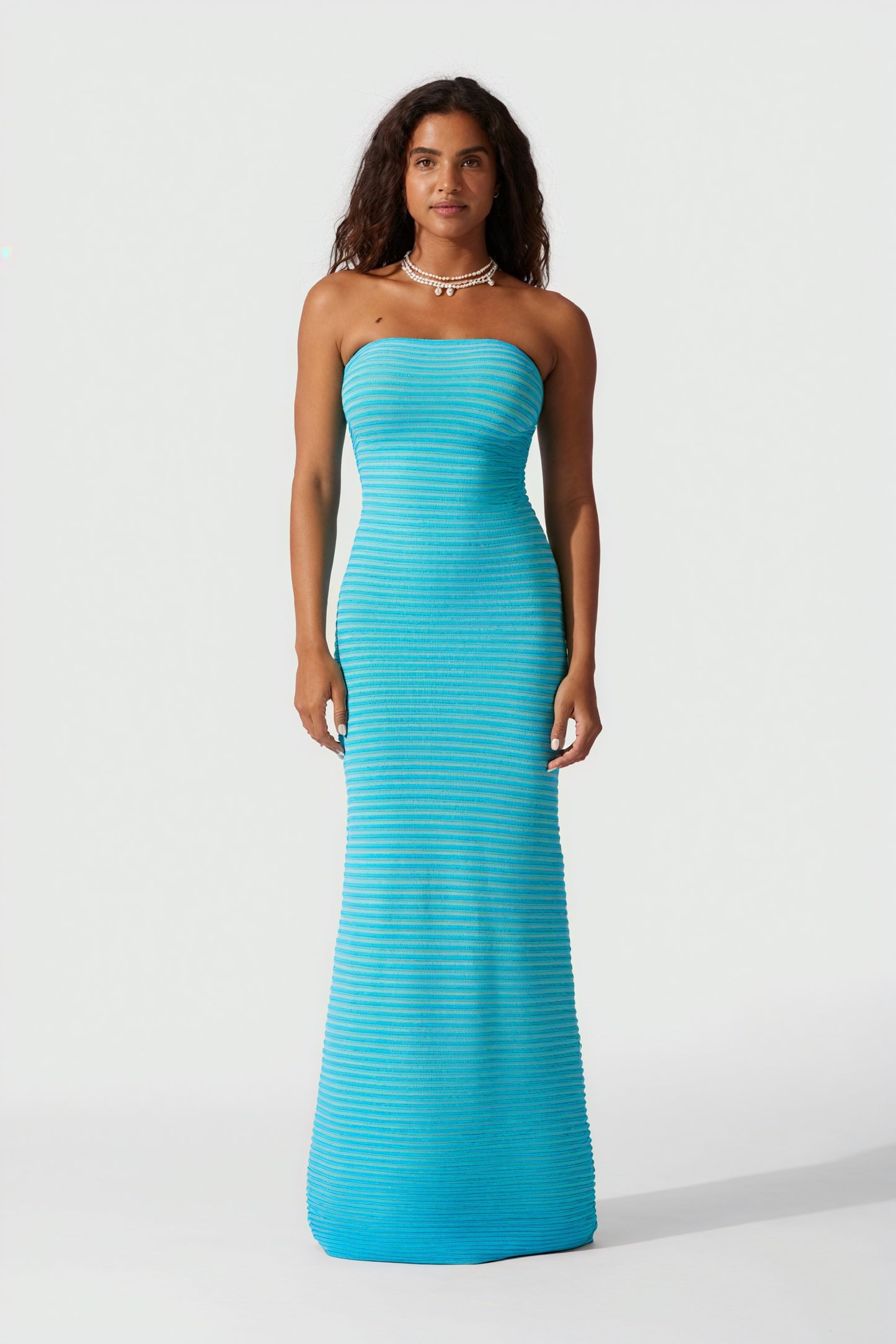 Women's Strapless Ribbed Knit Striped Midi Maxi Dress - Modern Minimalist Style-81016-60897e5b-b728-4699-8b04-9ef83b531bc1