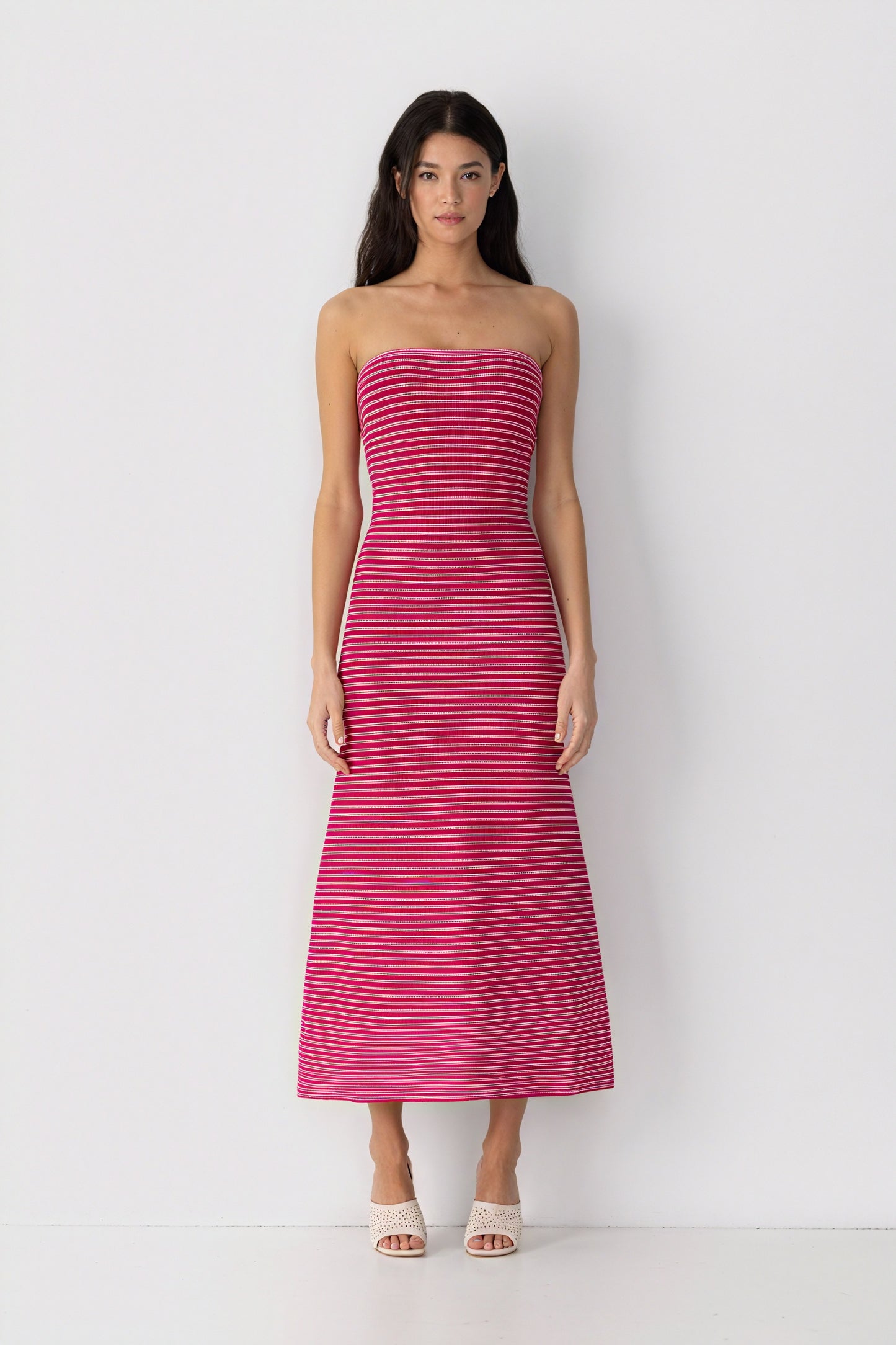 Women's Strapless Ribbed Knit Striped Midi Maxi Dress - Modern Minimalist Style-81016-5b4aefc8-32c8-4aa0-962b-f7cec7de9cfe