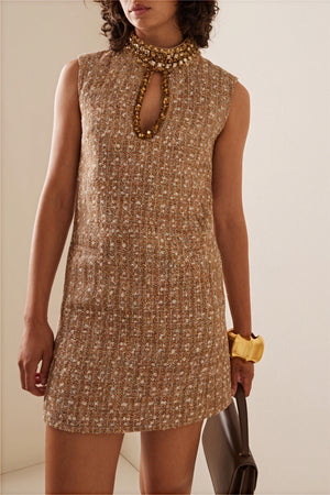 Women's Gold Tweed A-Line Dress – High Embellished Collar, Sleeveless, Elegant Style-81017-d3e0ee3b-228f-41cc-9320-912c017572d9