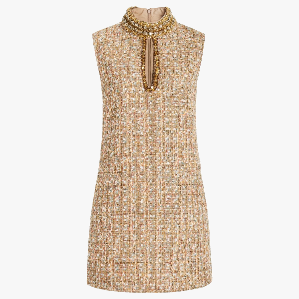 Women's Gold Tweed A-Line Dress – High Embellished Collar, Sleeveless, Elegant Style-81017-df7d6444-a505-4338-ab4c-60b47cb61138
