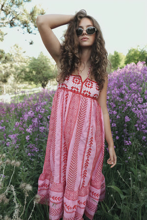 Women's Pink Cotton Floor-Length Dress – Embroidered Bodice, Tiered Skirt, Bohemian Style-81024-158563d5-fb3c-47a8-b9cd-7f1cdf205848
