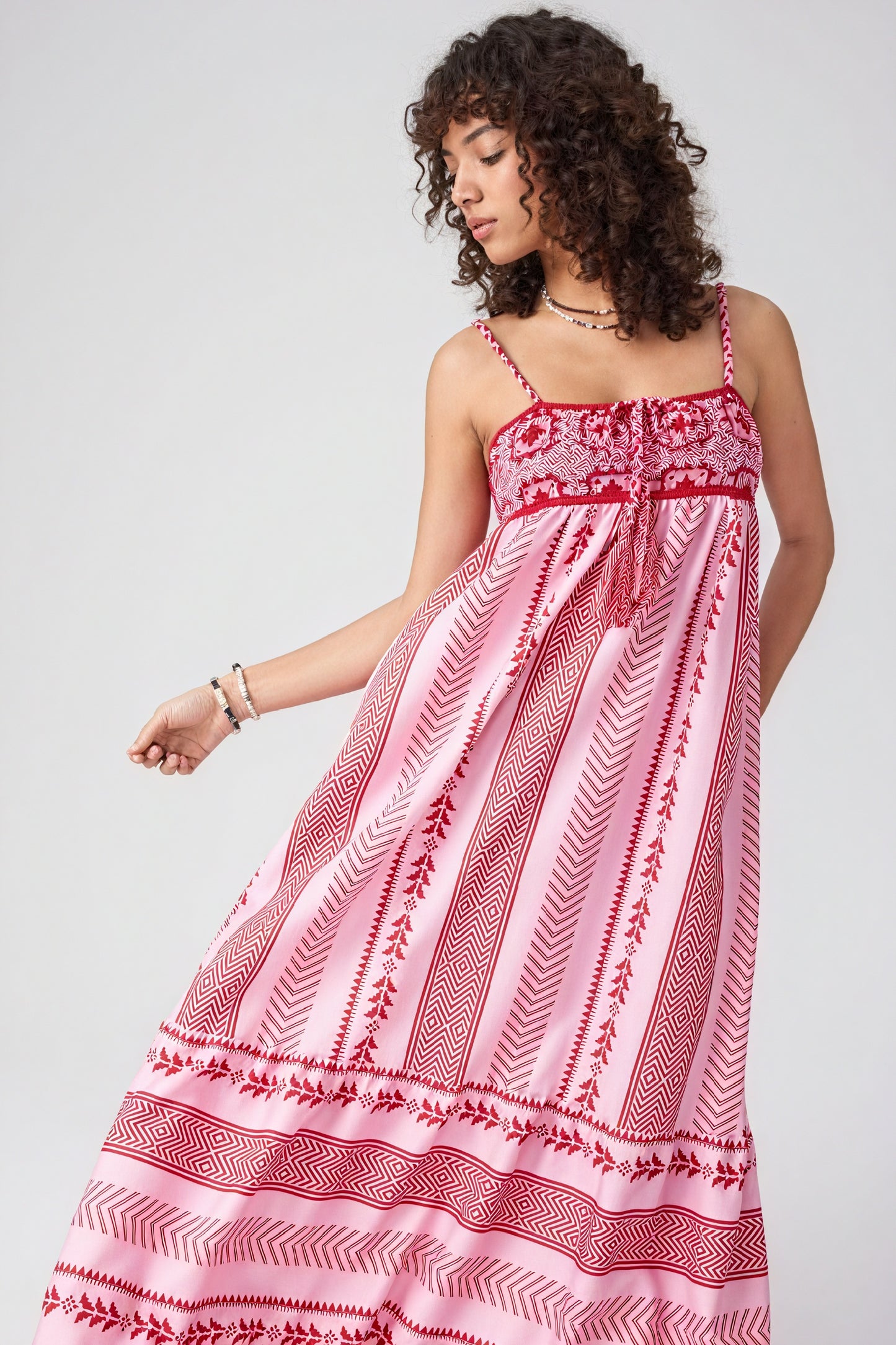 Women's Pink Cotton Floor-Length Dress – Embroidered Bodice, Tiered Skirt, Bohemian Style-81024-4af470ca-1acf-4a83-8d90-b5a5065b916d